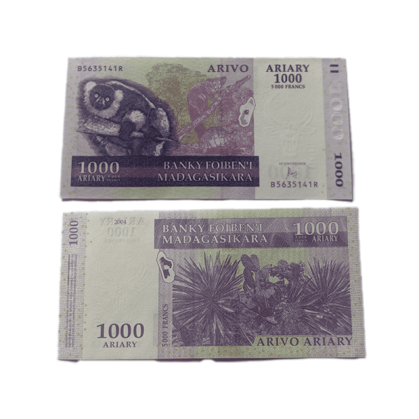 2004 Madagascar 1 000 Ariary banknote featuring vanilla harvesters on the front and a bustling market scene on the back, issued by Banky Foiben’i Madagasikara