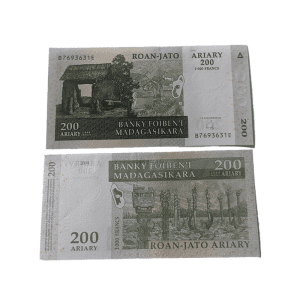 2004 Madagascar 200 Ariary banknote featuring a lemur on the front and rice fields on the back, issued by Banky Foiben’i Madagasikara