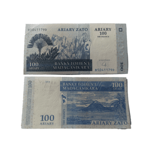 2004 Madagascar 100 Ariary banknote featuring a zebu on the front and a rural village scene on the back, issued by Banky Foiben’i Madagasikara